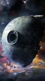 Colossal orbital battle station amid nebula-lit void.