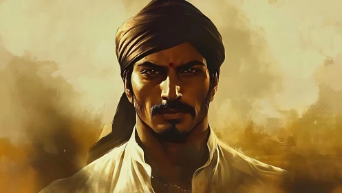 Resolute turbaned warrior in warm ochre digital portrait.