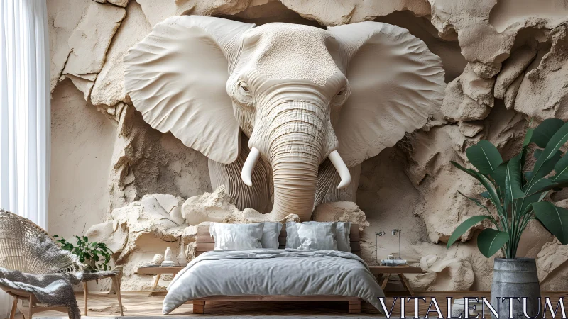 Striking Modern Bedroom with Giant Elephant Wall Sculpture Decor.