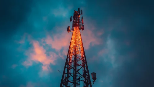 Cell tower glows against dramatic teal and coral twilight sky.