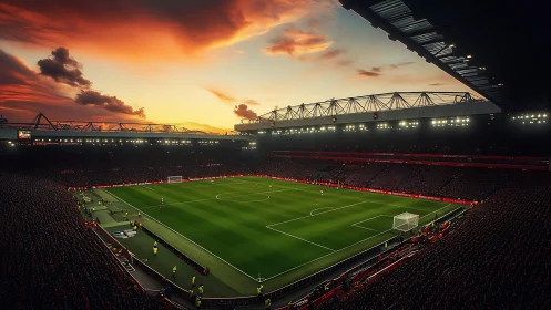 Floodlit football stadium under dramatic sunset sky, packed stands