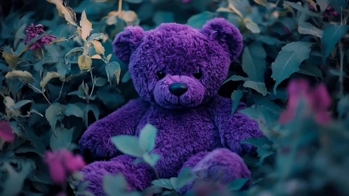 Violet plush teddy bear in foliage under cool-toned shallow depth