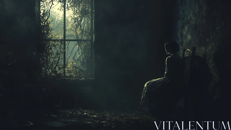 Solitary silhouette in decayed interior with misted window light.