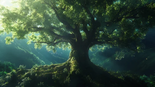 Majestic Ancient Tree in Lush Forest with Magical Sunlight.