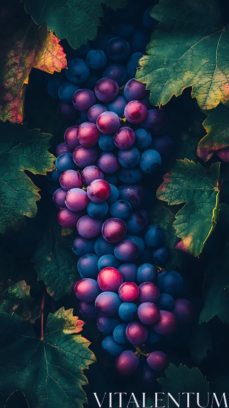 Cluster of ripening grapes within dense surrounding foliage.