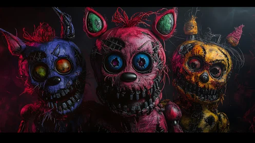 Grotesque tricolor animatronic trio in horror close-up portrait.