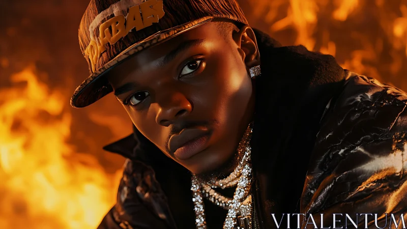 Portrait of Individual in Urban Streetwear with Crystalline Jewelry Against Inferno Backdrop.