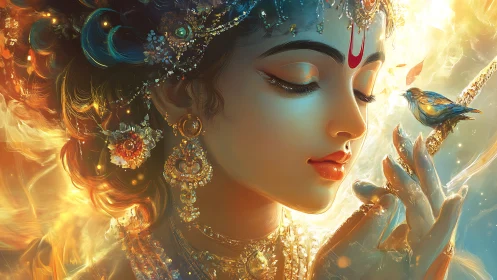 Digital portrait shows jeweled figure with bird at fingertips