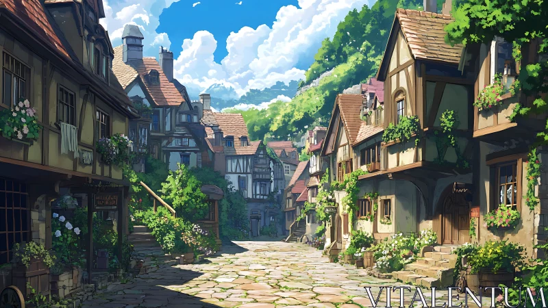 Sunlit medieval village street with lush floral half-timber homes.