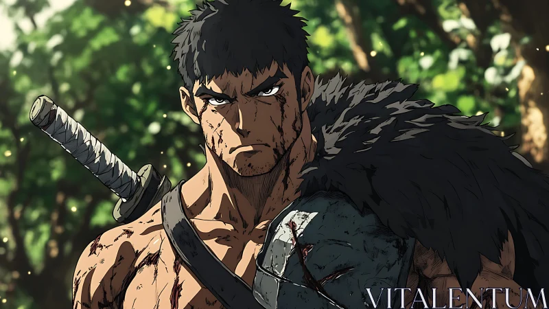 Battle-scarred anime swordsman stands tense in forest light