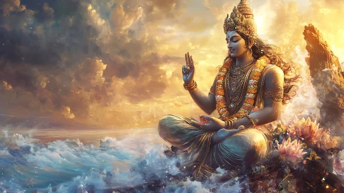 Serene deity figure meditating above waves at sunrise.