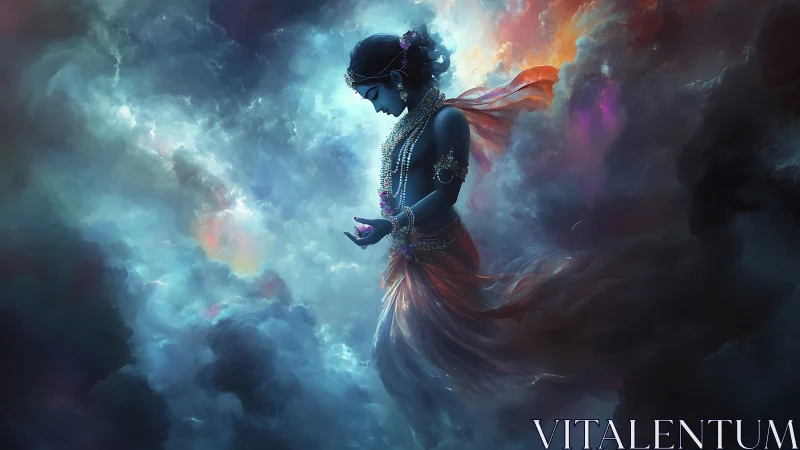 Divine female silhouette drifts through iridescent astral clouds