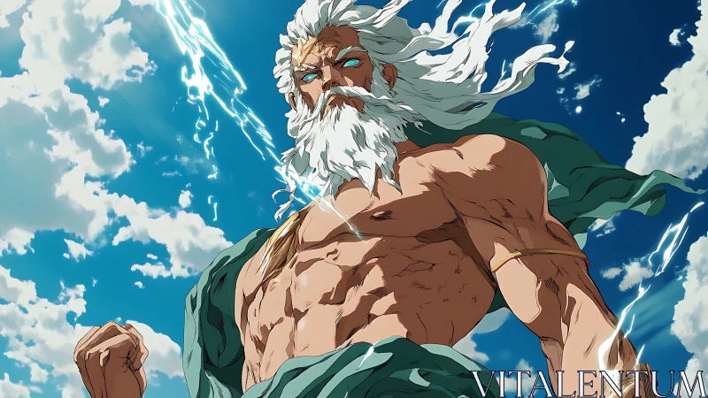 Muscular sky god character with lightning and clouds.