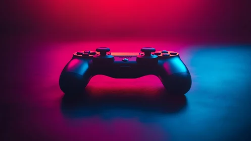Neon Gaming Controller Against Magenta-Cyan Gradient Backdrop.