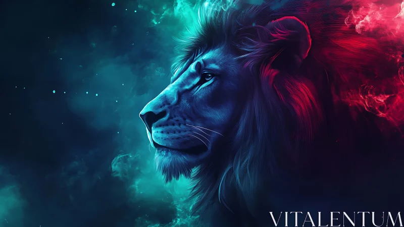 Neon-gradient lion profile in cosmic digital painting composition.