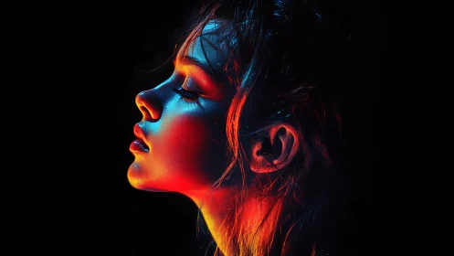 Profile portrait shows woman lit by blue and red neon light