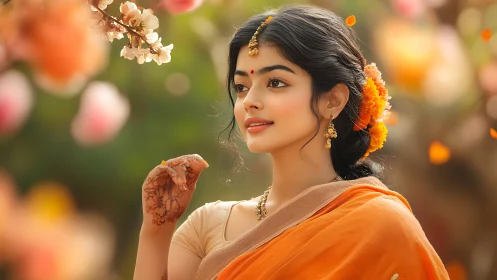 Portrait of woman in orange saree with floral adornments.