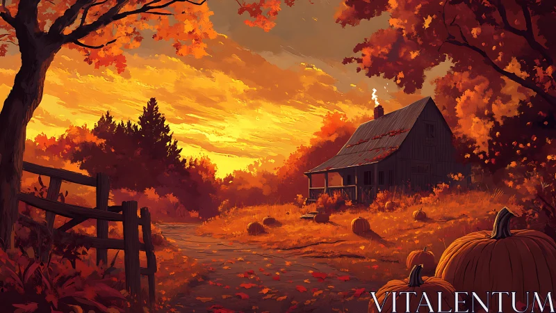 Autumn farmhouse glows under vivid golden sunset sky
