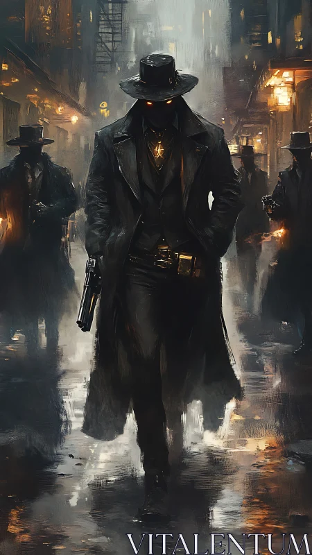 Cyber-noir gunslinger advances through rain-soaked alleyway