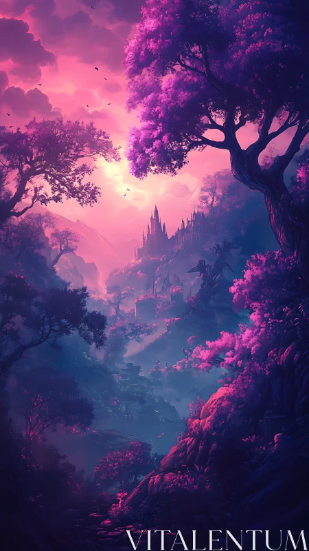 Luminescent Fantasy Cathedral: Magenta Flora Architecture Rendered Digital Matte