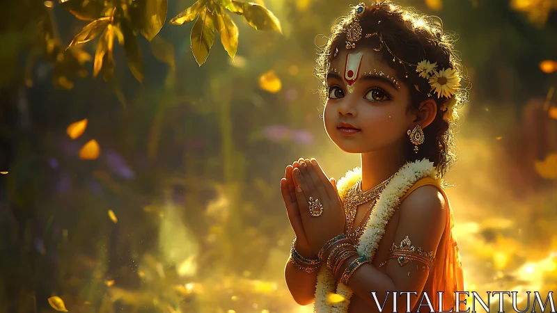 Devotional child in ornate attire under warm golden light.
