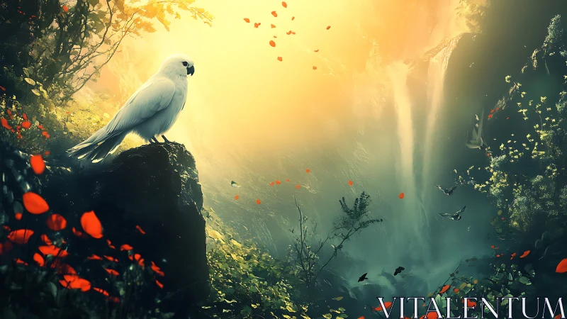 White parrot perched in enchanted forest with glowing waterfall.