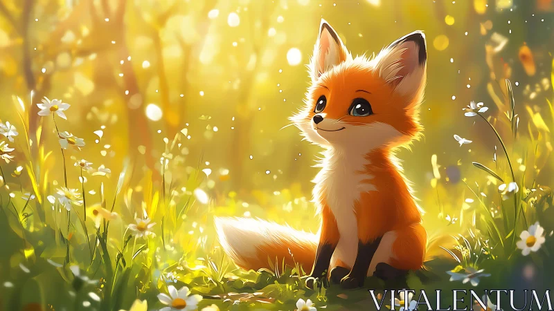 Golden backlit fox cub in blooming spring meadow illustration.