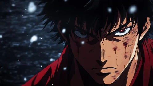 Battle-scarred anime warrior glares forward in harsh snowfall