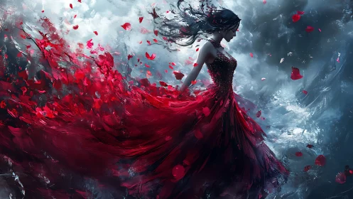 Scarlet-clad woman strides through swirling storm of petals