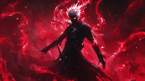 Crimson inferno swordsman rising from swirling shadow fire.