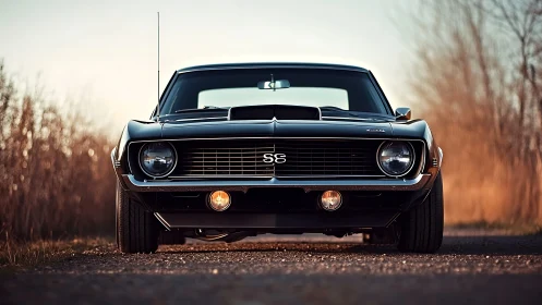 Front view of classic black SS muscle car on rural road.