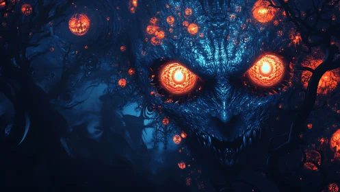 Infernal forest demon with blazing eyes in midnight bloom.