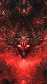 Molten red goddess portrait radiates divine cosmic power