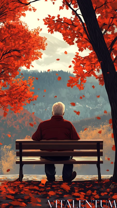 Elderly man contemplates misty valley beneath vivid red maples