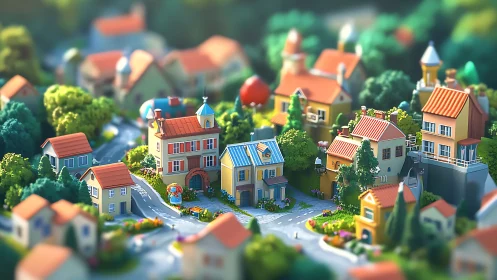 Colorful toy-like village bathed in soft afternoon light.