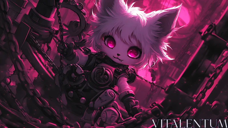 Cybernetic catgirl suspended in neon chain-filled void.