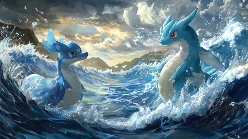Twin aquatic dragon creatures in storm-tossed seascape showdown