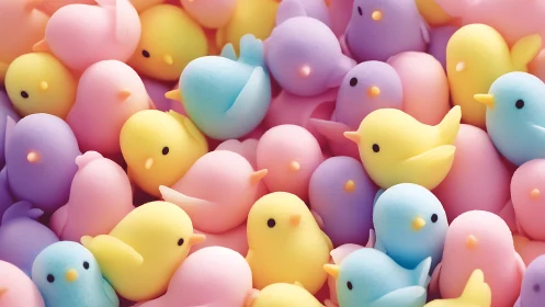 Pastel candy chicks gathered in a soft rainbow cuddle pile.