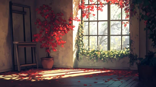 Sunlit studio corner with red maple and leafy window.