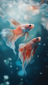 Two orange betta fish swim in soft-focus aquatic scene