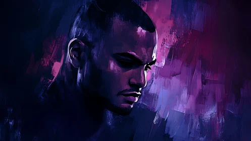 Digital portrait of male profile in blue and magenta light.