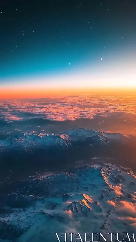 Celestial dawn above snowcapped mountains in vivid gradient sky.