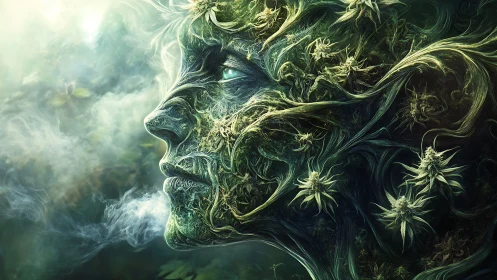Surreal plantlike human face merging with swirling smoke.