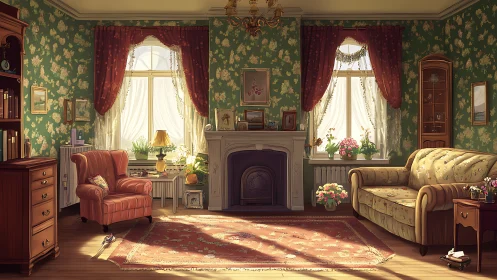 Sunlit vintage living room filled with cozy floral charm.