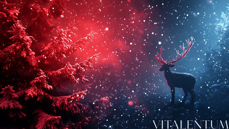 Bilateral red blue lighting isolates silhouetted stag in snowfall