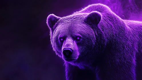 Neon violet bear portrait in dark atmospheric glow.