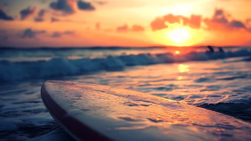 Surfboard on wet shoreline under vivid orange sunset glow.