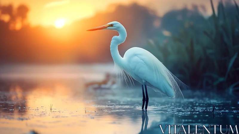 Graceful white egret pauses in glowing marshland sunrise