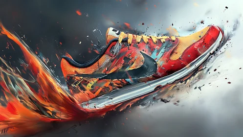 Flame-laced sneaker rockets through liquid color storm.