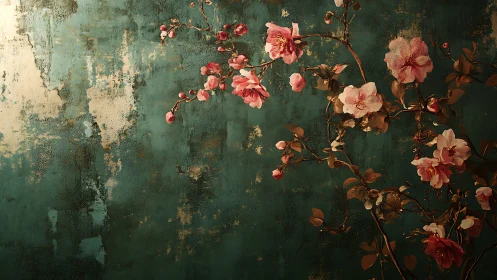 Cherry blossoms curve over distressed teal textured wall